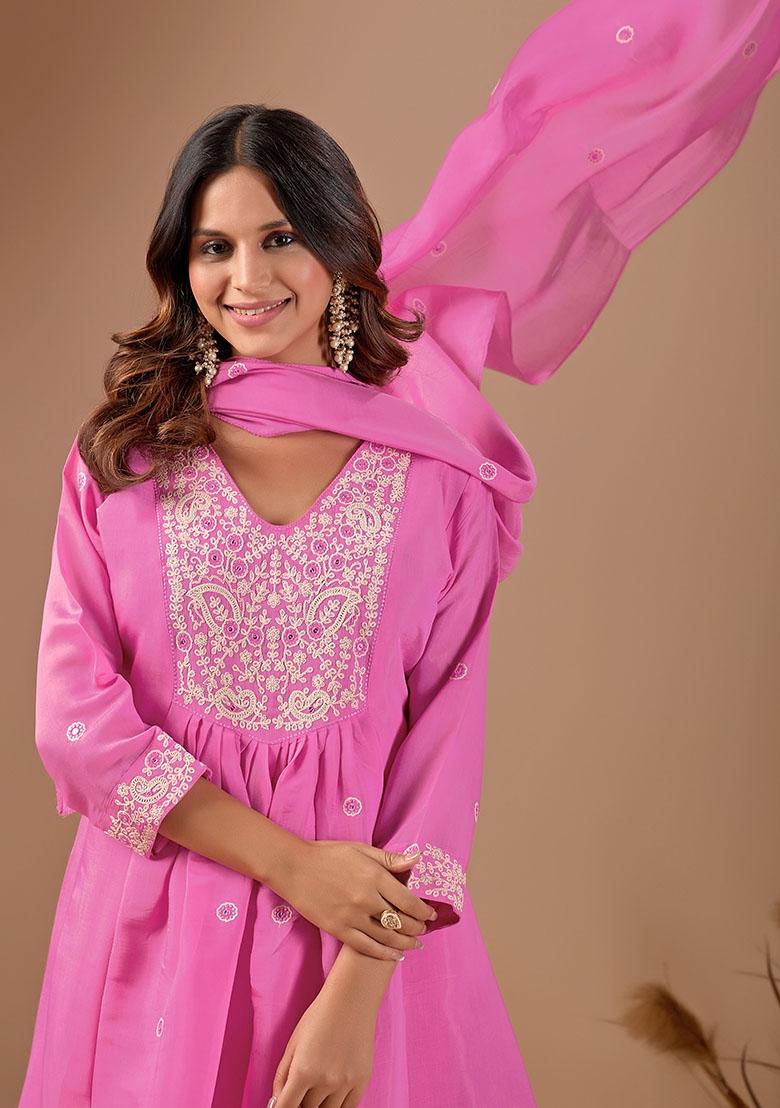Pink Embroidered Chanderi Kurta Set - Indya