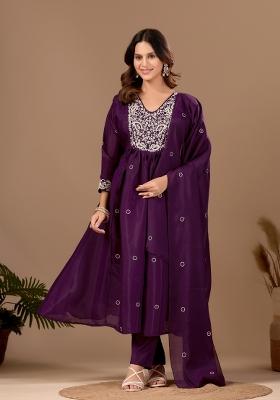 Purple Embroidered Chanderi Kurta Set