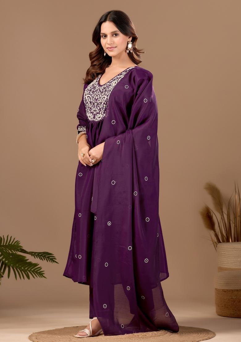 Purple Embroidered Chanderi Kurta Set - Indya