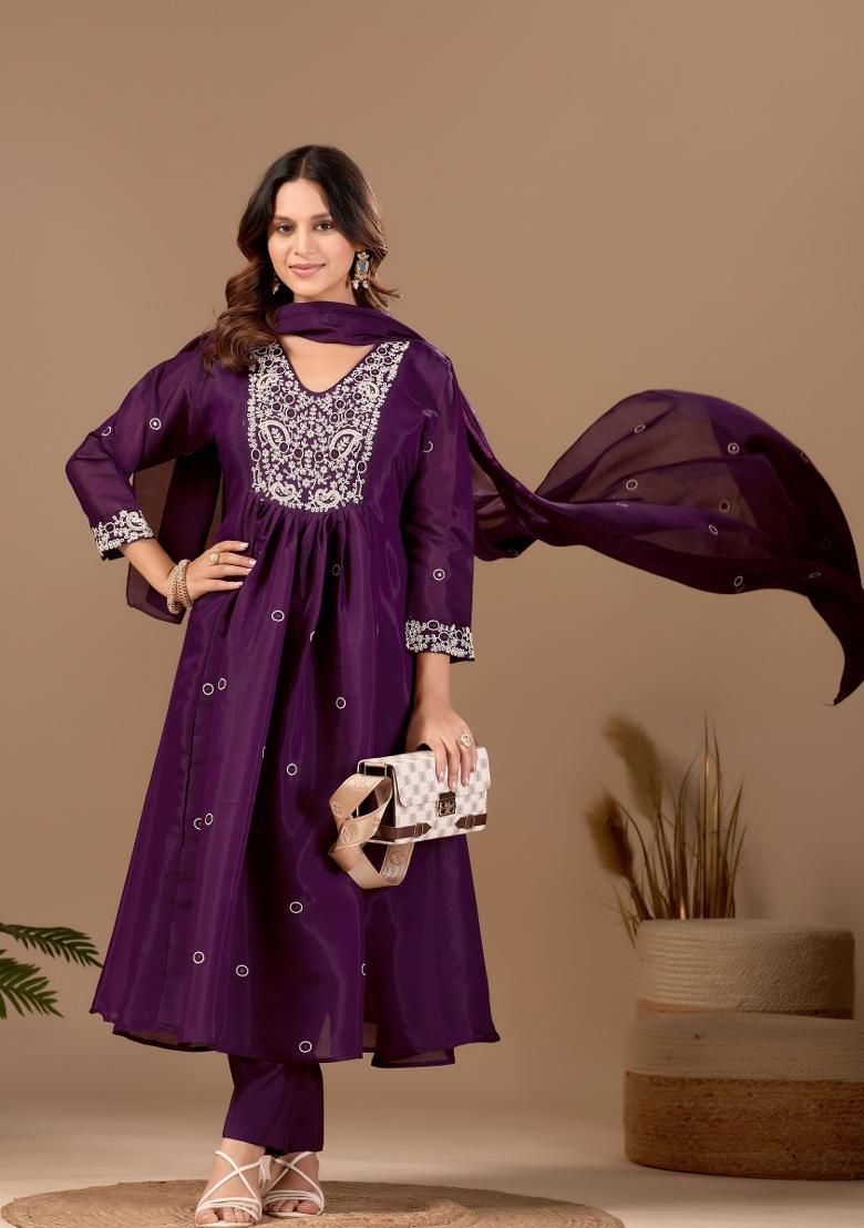 Purple Embroidered Chanderi Kurta Set - Indya