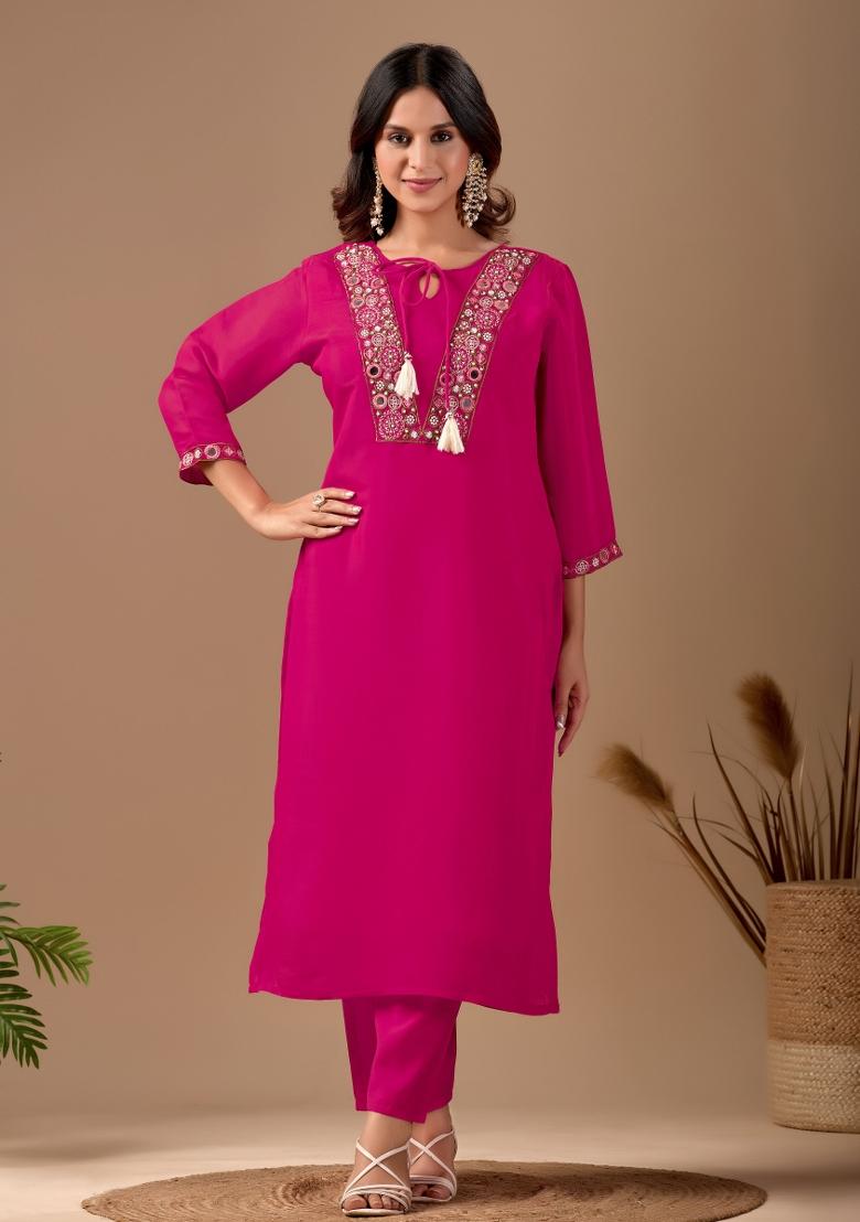 Pink Embroidered Chanderi Kurta Set - Indya