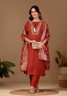 Rust Embroidered Chanderi Kurta Set