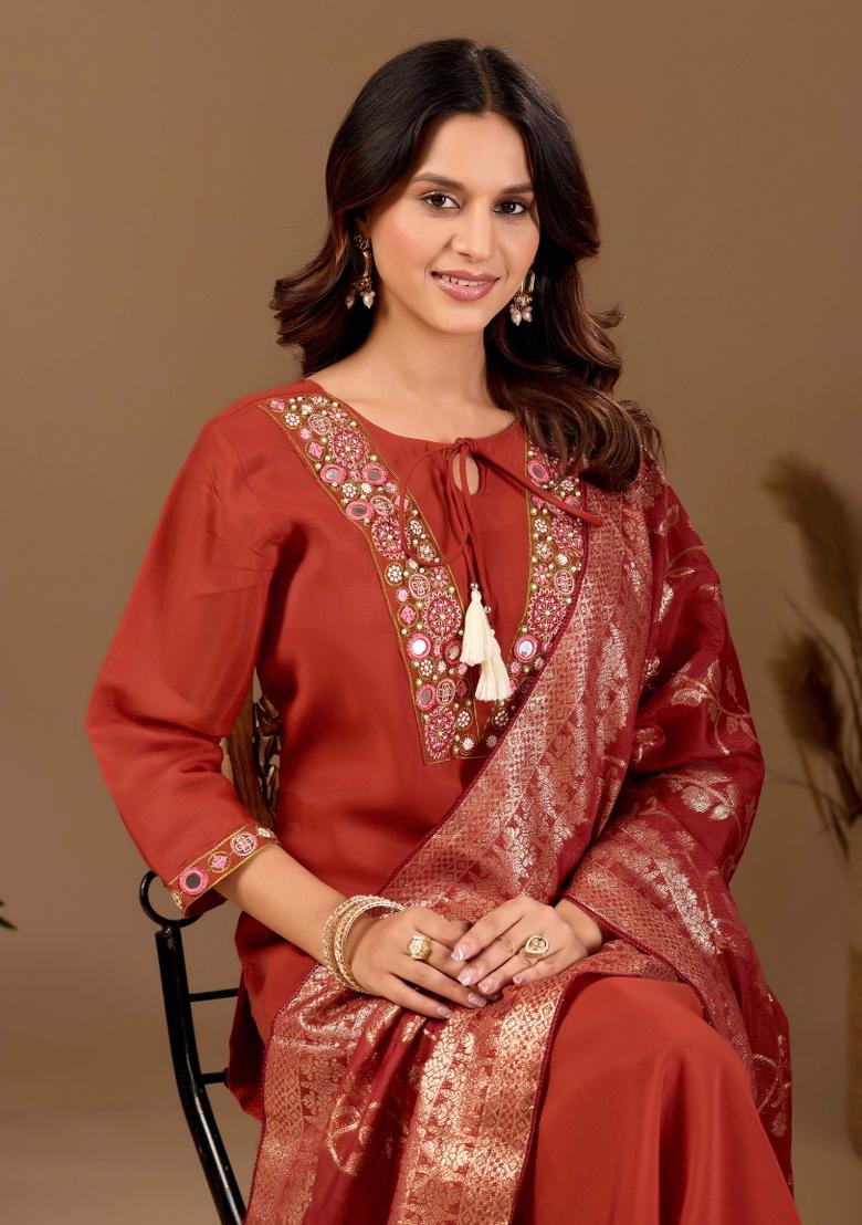 Rust Embroidered Chanderi Kurta Set - Indya