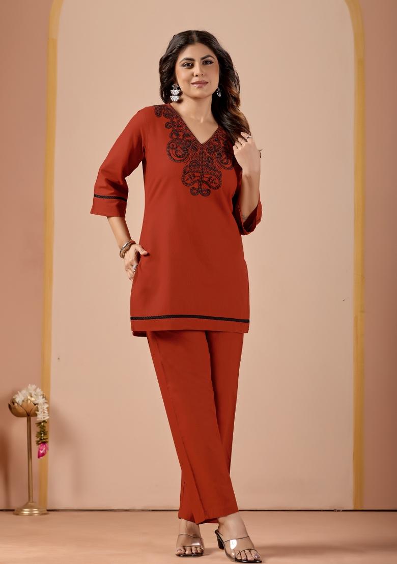Rust Embroidered Cotton Kurta Set - Indya
