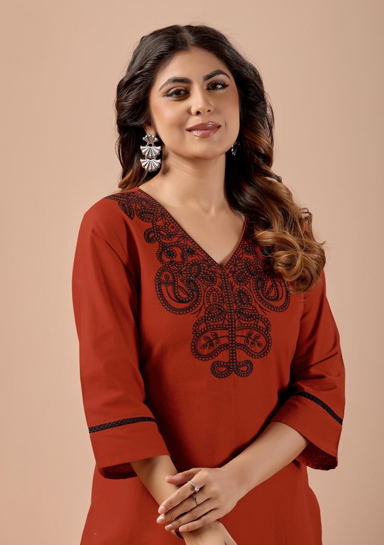 Rust Embroidered Cotton Kurta Set - Indya