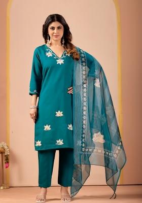 Teal Blue Embroidered Cotton Kurta Set
