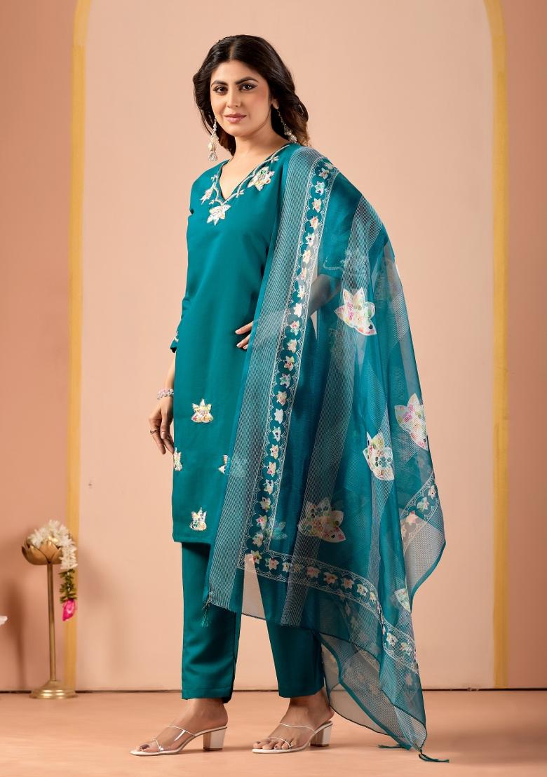 Teal Blue Embroidered Cotton Kurta Set - Indya