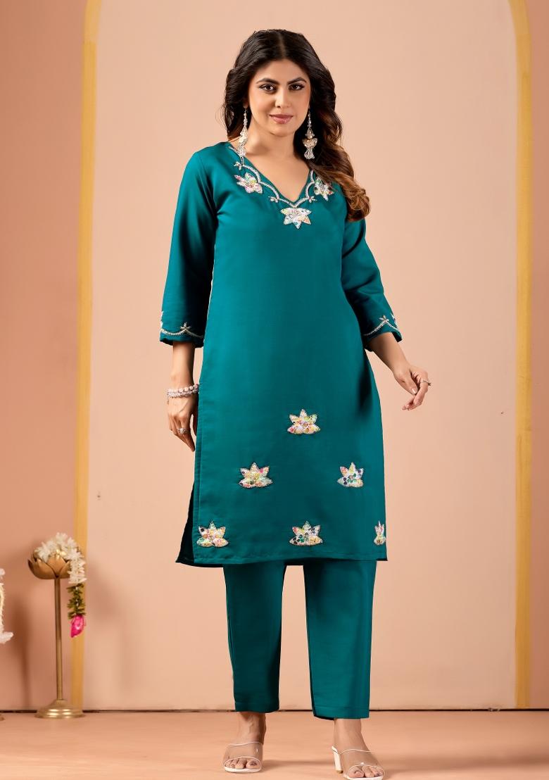Teal Blue Embroidered Cotton Kurta Set - Indya