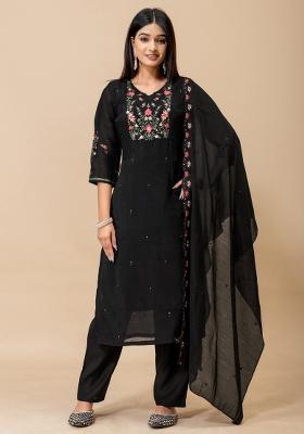Black Embroidered Cotton Kurta Set