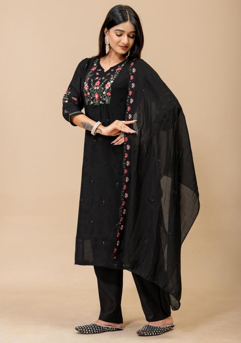 Black Embroidered Cotton Kurta Set - Indya