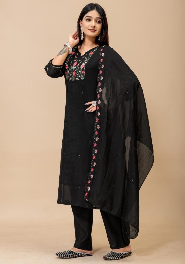 Black Embroidered Cotton Kurta Set - Indya