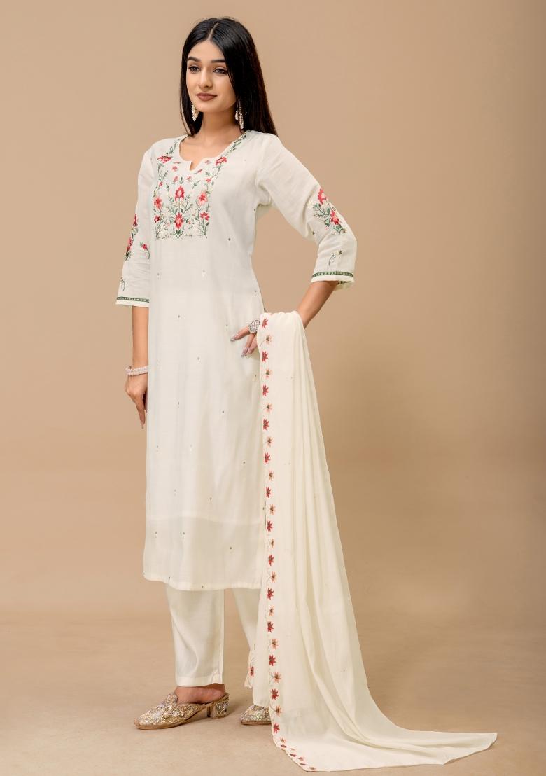 White Embroidered Cotton Kurta Set - Indya