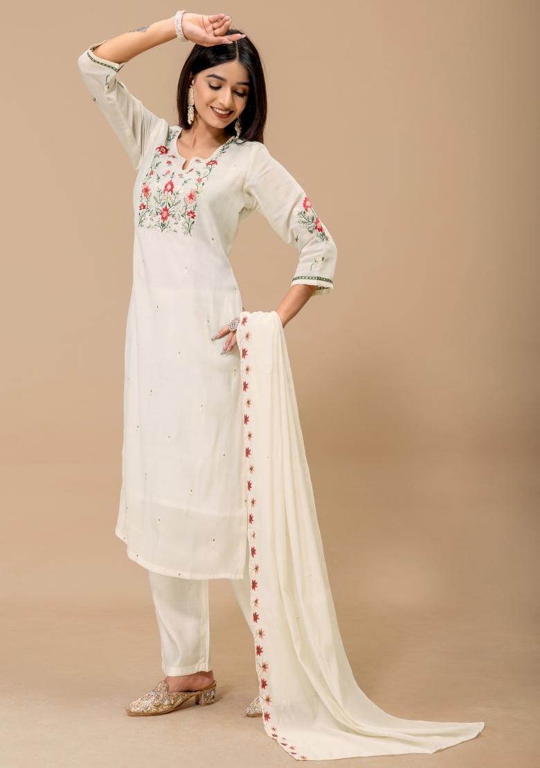 White Embroidered Cotton Kurta Set - Indya