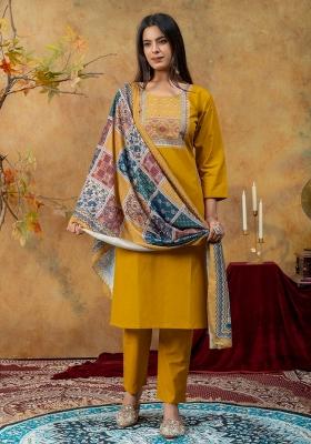 Mustard Printed Cotton Kurta Set
