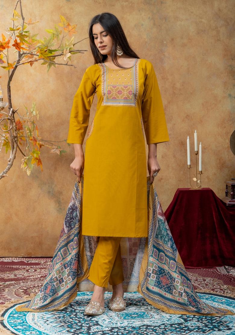 Mustard Printed Cotton Kurta Set - Indya