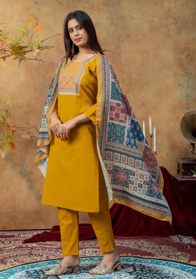 Mustard Printed Cotton Kurta Set - Indya