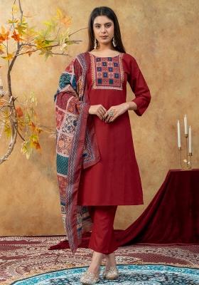 Maroon Printed Cotton Kurta Set