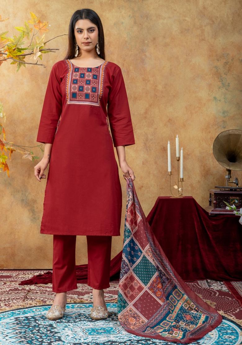 Maroon Printed Cotton Kurta Set - Indya