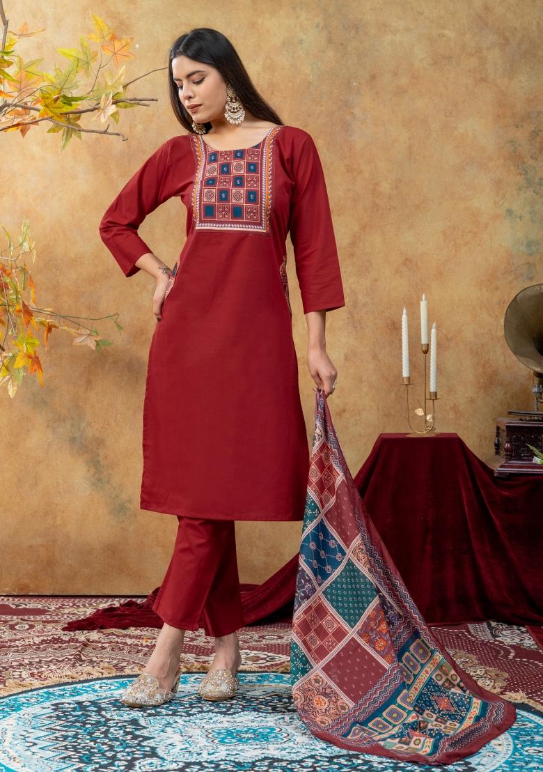 Maroon Printed Cotton Kurta Set - Indya
