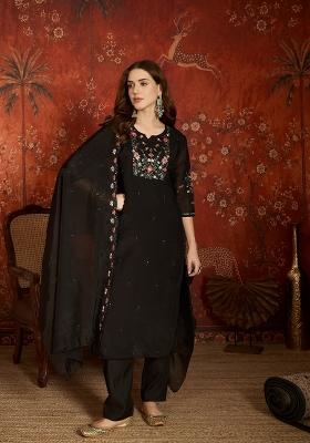 Black Embroidered Cotton Kurta Set