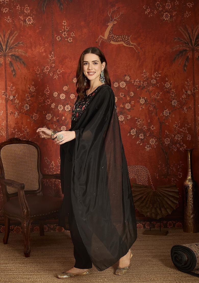 Black Embroidered Cotton Kurta Set - Indya