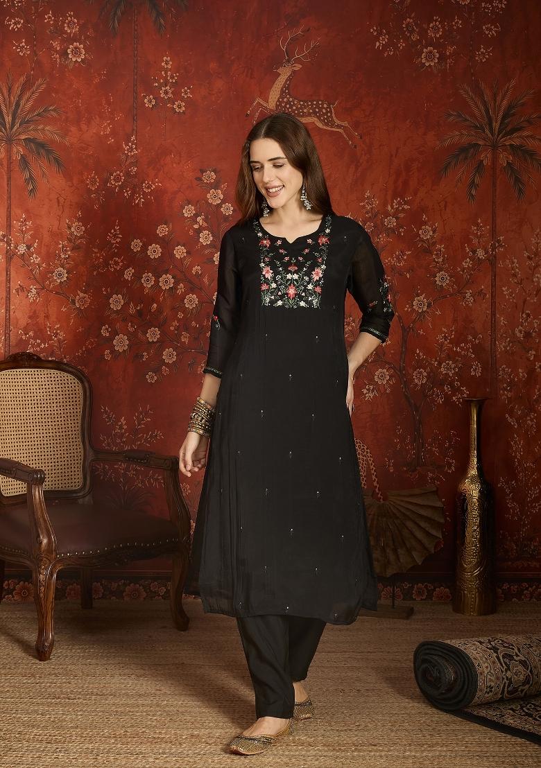 Black Embroidered Cotton Kurta Set - Indya