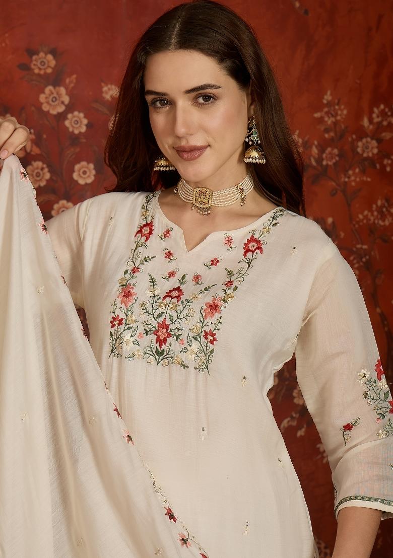 White Embroidered Cotton Kurta Set - Indya