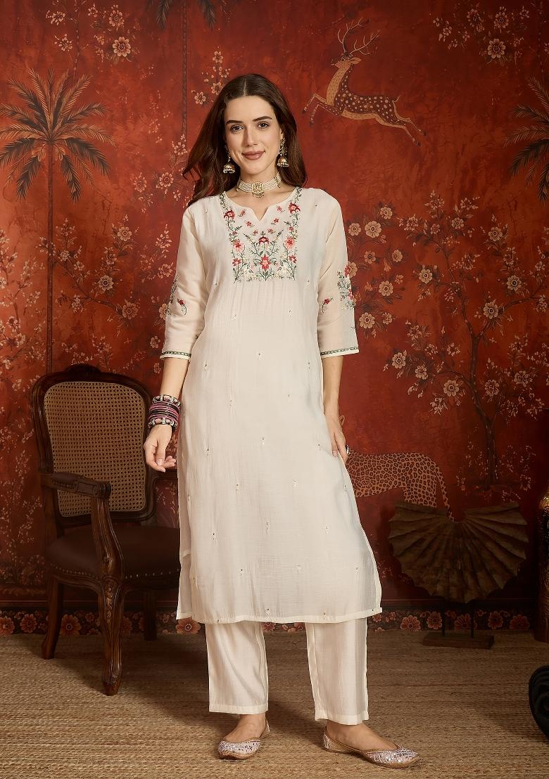 White Embroidered Cotton Kurta Set - Indya