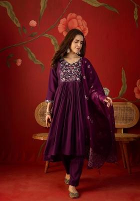 Purple Embroidered Silk Kurta Set