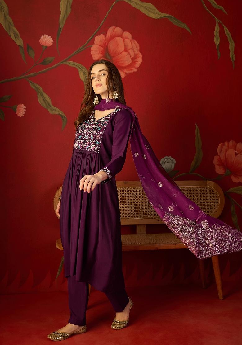 Purple Embroidered Silk Kurta Set - Indya