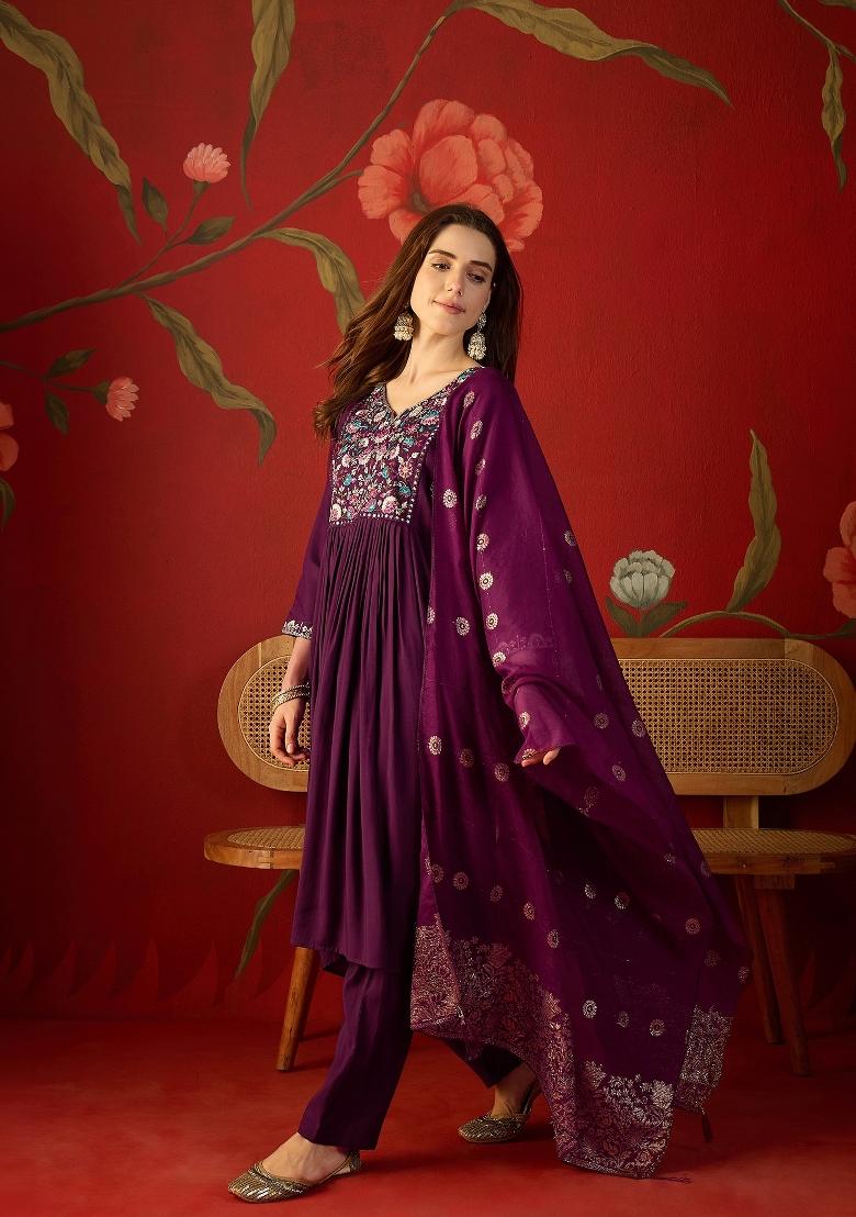 Purple Embroidered Silk Kurta Set - Indya