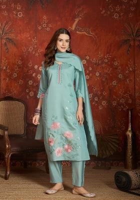 Sea Green Embroidered Silk Kurta Set
