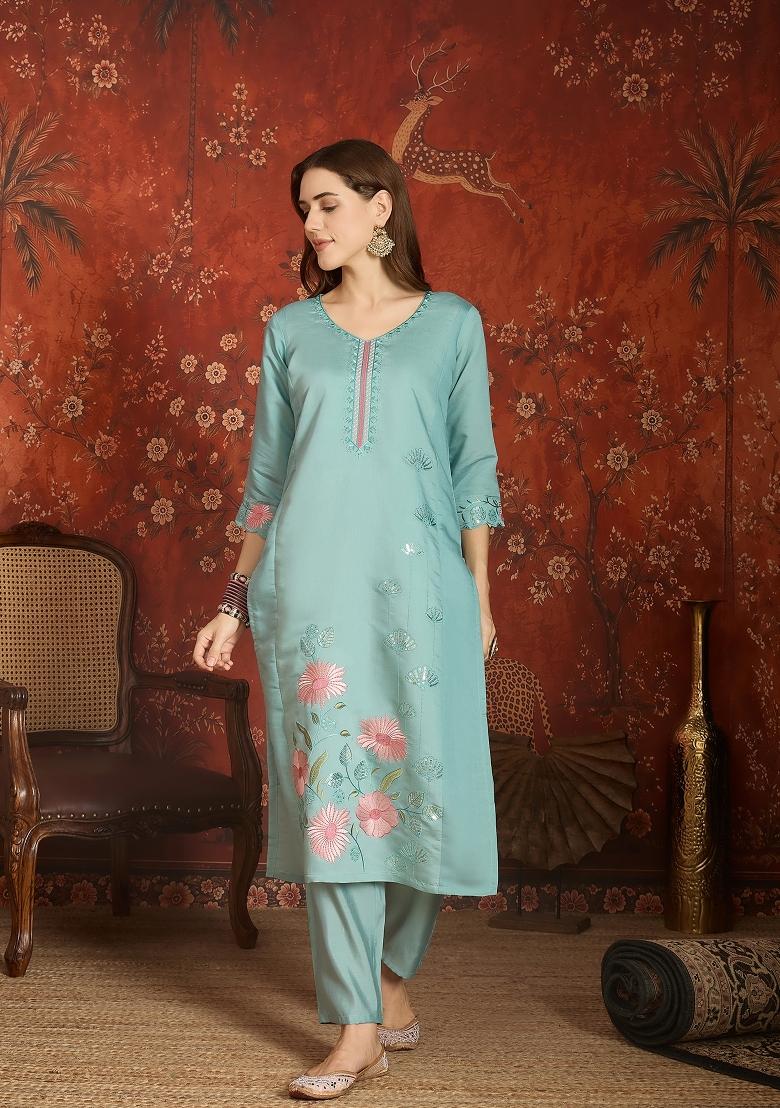 Sea Green Embroidered Silk Kurta Set - Indya
