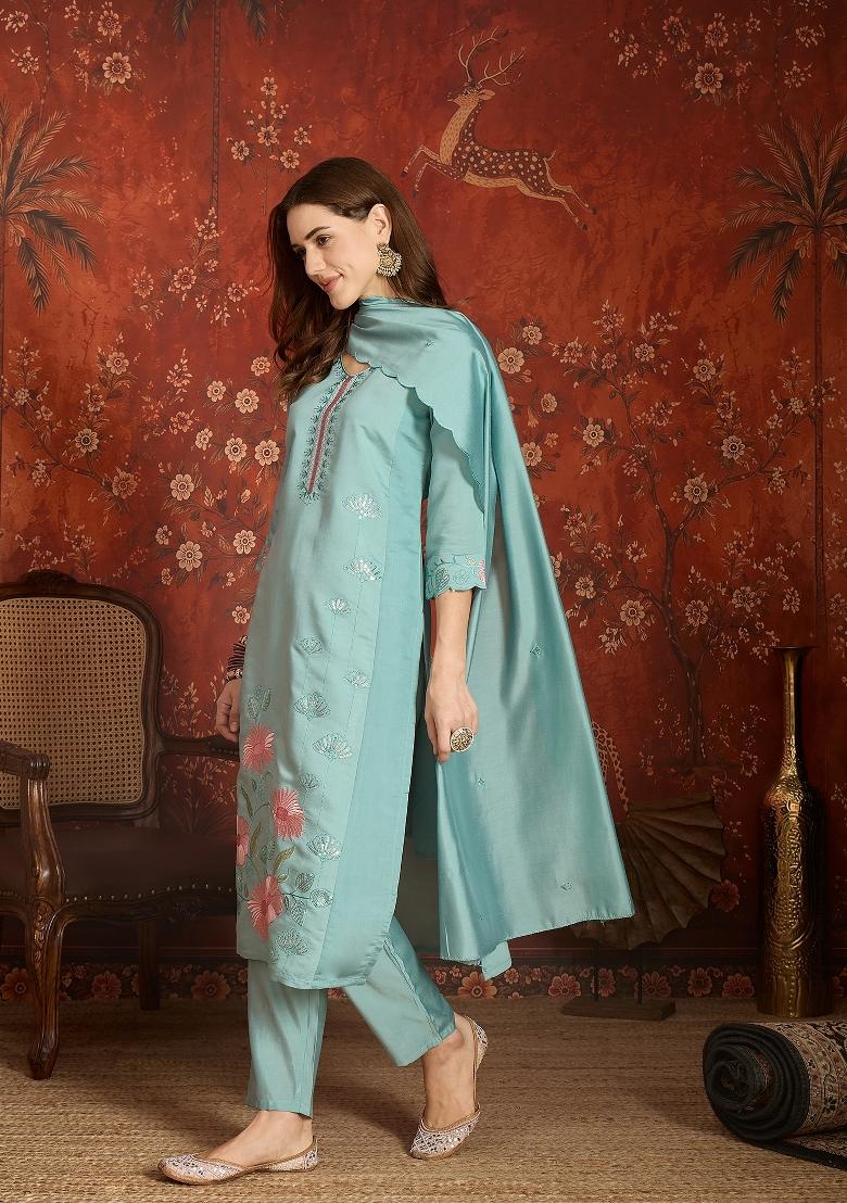 Sea Green Embroidered Silk Kurta Set - Indya