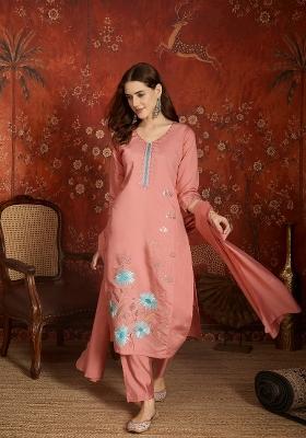 Peach Embroidered Silk Kurta Set