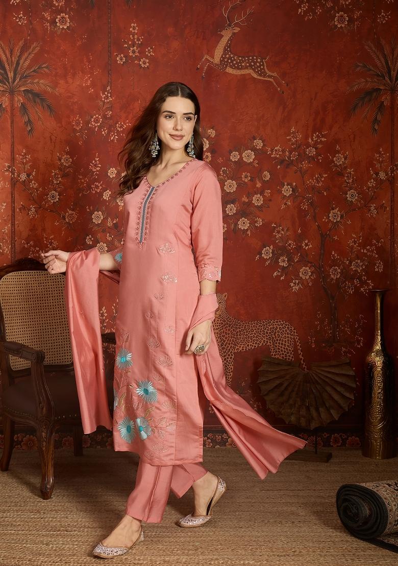 Peach Embroidered Silk Kurta Set - Indya