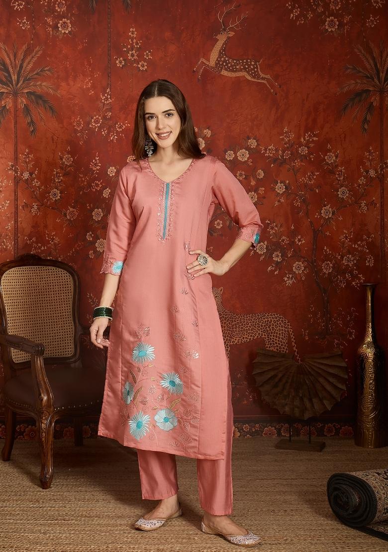 Peach Embroidered Silk Kurta Set - Indya