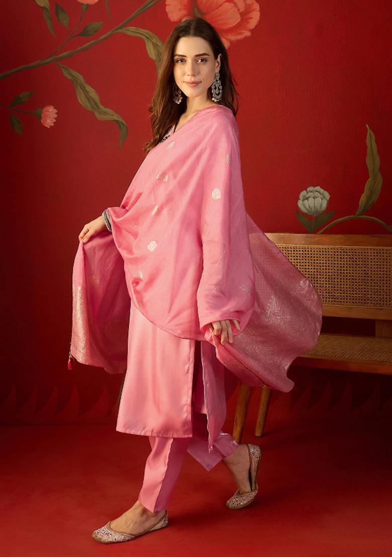 Pink Embroidered Roman Kurta Set - Indya