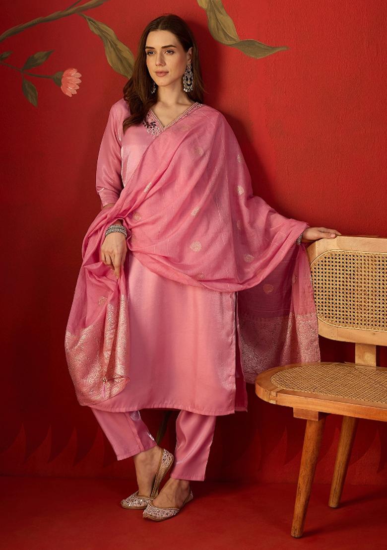 Pink Embroidered Roman Kurta Set - Indya
