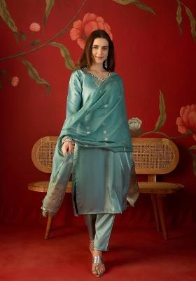 Sea Green Embroidered Roman Kurta Set