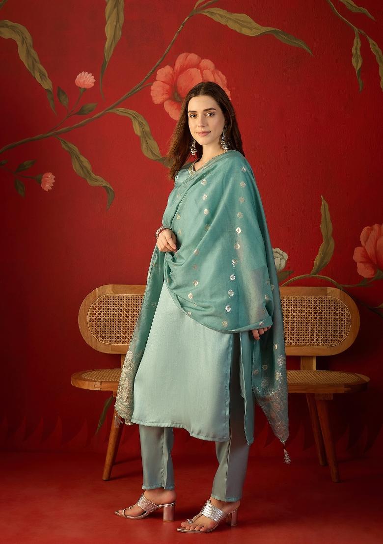 Sea Green Embroidered Roman Kurta Set - Indya