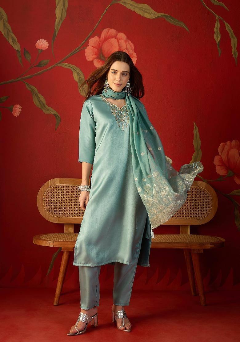 Sea Green Embroidered Roman Kurta Set - Indya