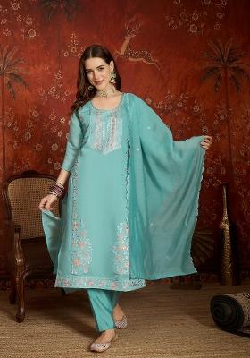 Sea Green Embroidered Chanderi Kurta Set