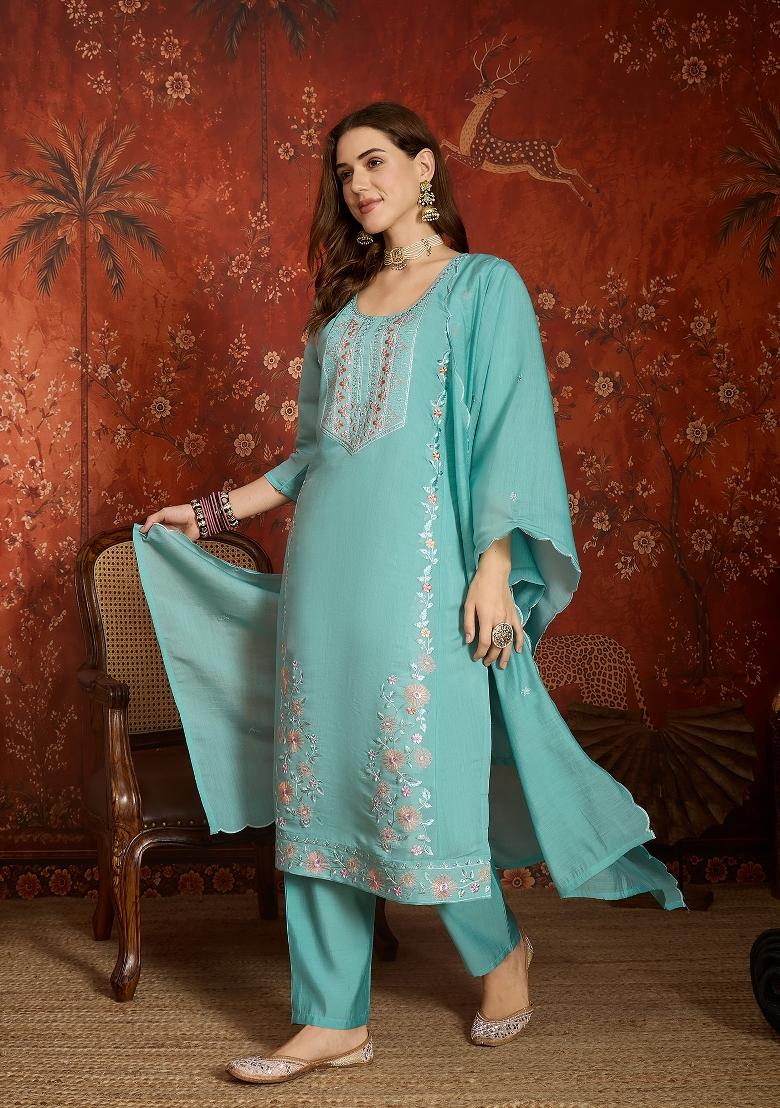 Sea Green Embroidered Chanderi Kurta Set - Indya