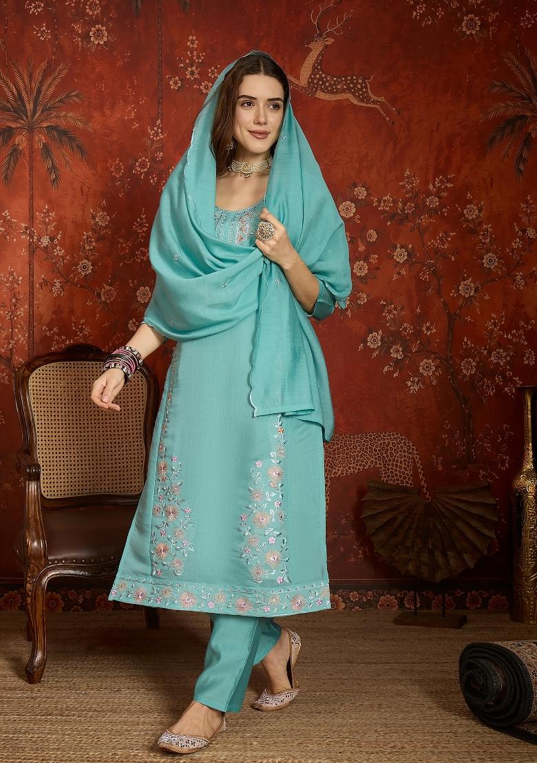 Sea Green Embroidered Chanderi Kurta Set - Indya