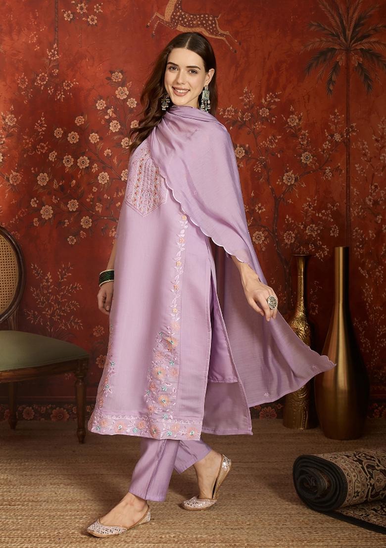 Lavender Embroidered Chanderi Kurta Set - Indya