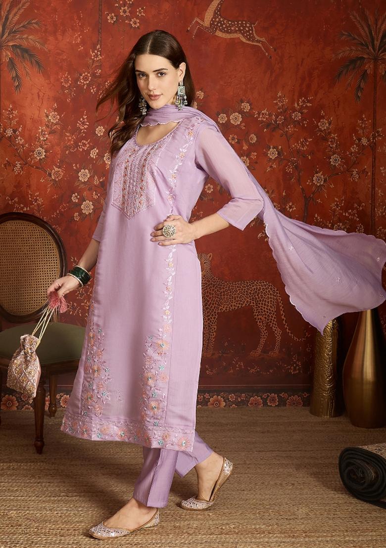 Lavender Embroidered Chanderi Kurta Set - Indya