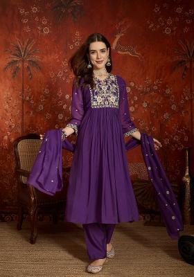 Purple Embroidered Chanderi Kurta Set