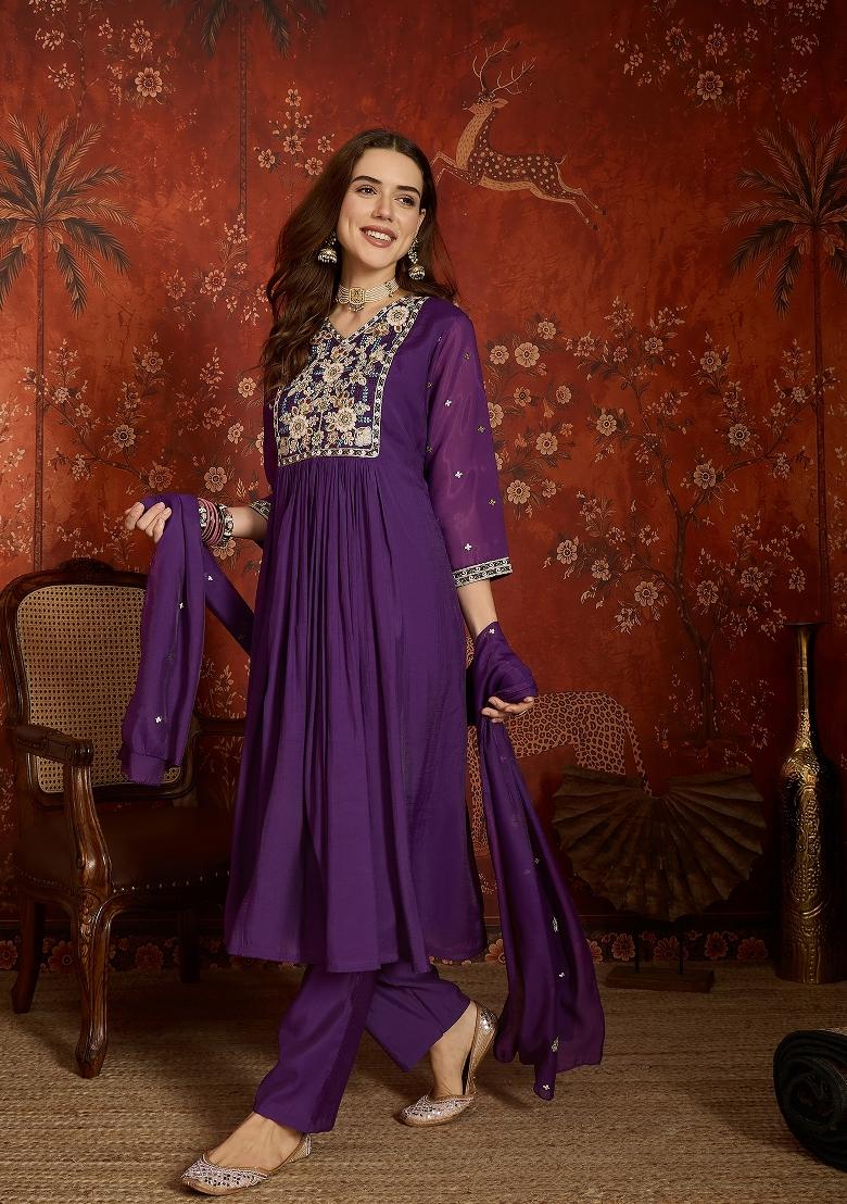 Purple Embroidered Chanderi Kurta Set - Indya