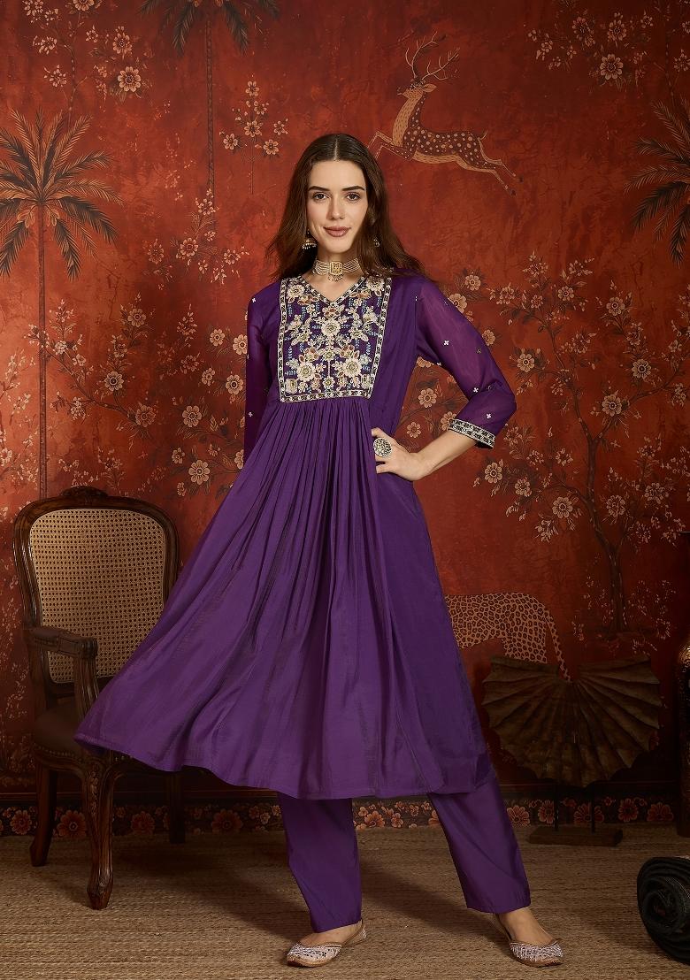 Purple Embroidered Chanderi Kurta Set - Indya
